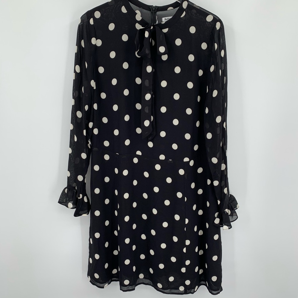 Reformation Black and White Polka Dot Long Sleeve Tie Neck Dress